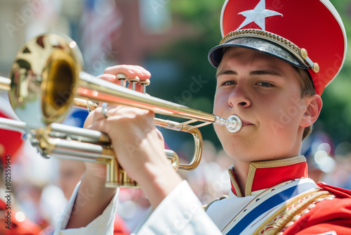 Musician leading the Independence Day Parade orchestra, conducting a harmonious procession of music and merriment