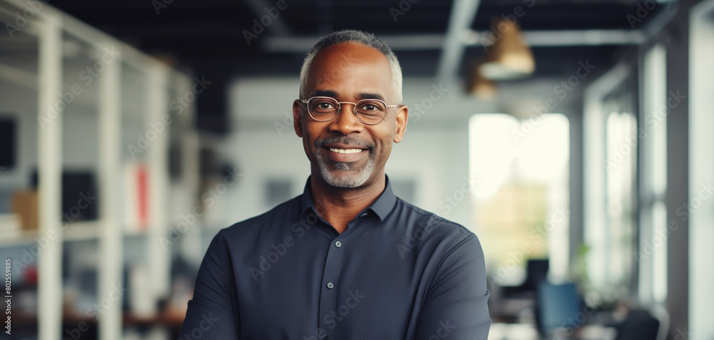 Portrait of confident happy smiling black businessman standing in the office and looking at camera Portrait of confident happy smiling black businessman standing in the office and looking at camera