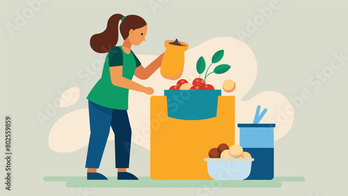 A shopper filling their reusable tote bag with bulk bin items such as nuts grains and dried fruits.. Vector illustration