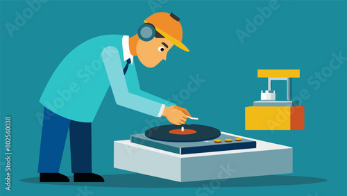 A technician inspects the stamper used to press the vinyl record ensuring it is perfectly aligned and free of any defects. Vector illustration
