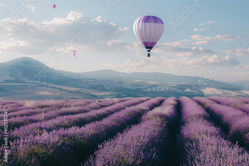 A single balloon soaring above a field of lavender, infusing the air with a sweet fragrance.