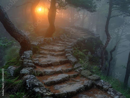 Tranquil hiking trails at sunrise  close-up on the path winding through a misty forest  adventure awaits