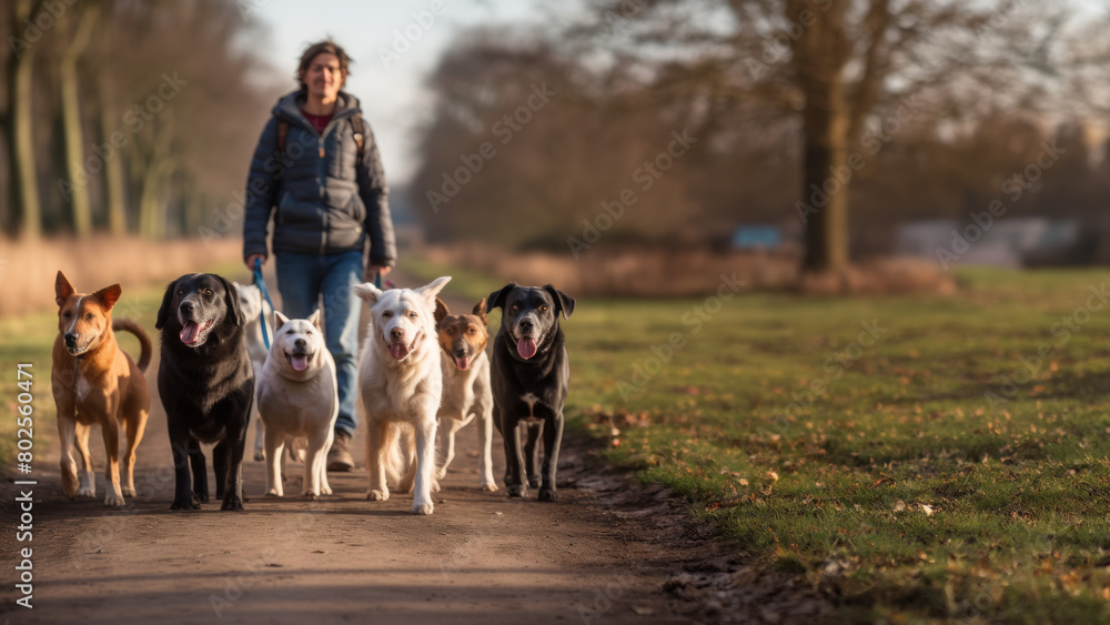 Dog walkers outdoors in nature with a group of different breed dogs Dog walkers outdoors in nature with a group of different breed dogs