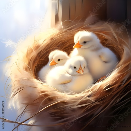 fluffy chicks nestled in a woven nest feathers soft and white moments before hatching quaint rust.