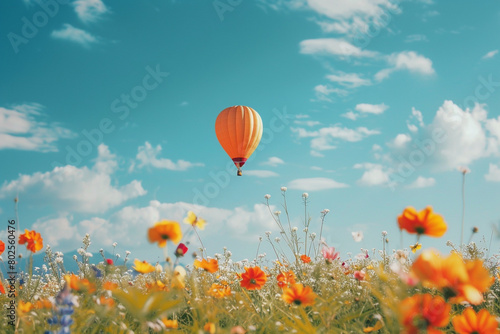 A single balloon soaring above a field of wildflowers, symbolizing freedom and natural beauty.