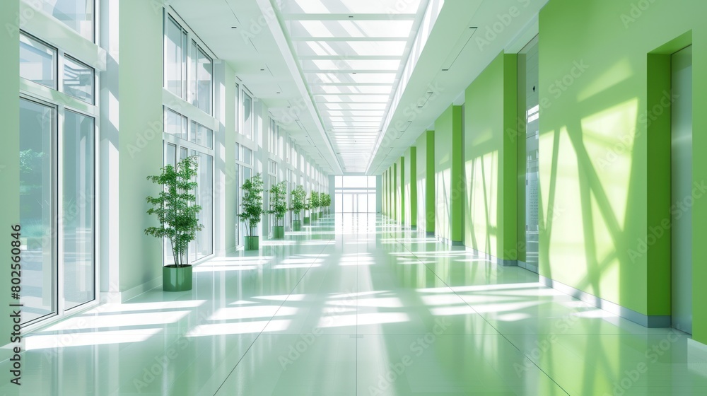 illustration of an empty white Interior in a bright modern hospital hallway with a green wall background.Ai generated illustration of an empty white Interior in a bright modern hospital hallway with a green wall background.Ai generated