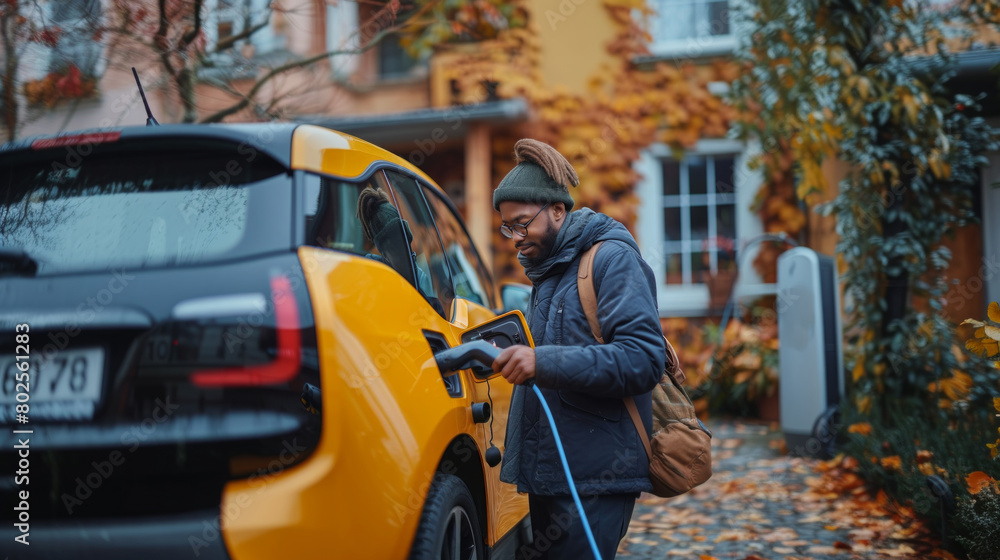 Young Man Charging Electric Car at Home During Autumn, Eco-Friendly Transportation Young Man Charging Electric Car at Home During Autumn, Eco-Friendly Transportation