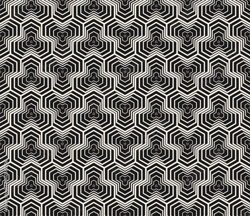 Modern vector abstract geometric seamless pattern with halftone lines, hexagons, triangles, grid. Black and white trendy geometrical background. Simple linear texture. Monochrome repeated geo design