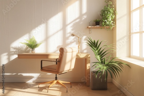 A desk with a chair and a potted plant in front of a window