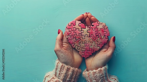 World Autism Awareness Day Concept: Hands Holding a Heart-Shaped Puzzle photo