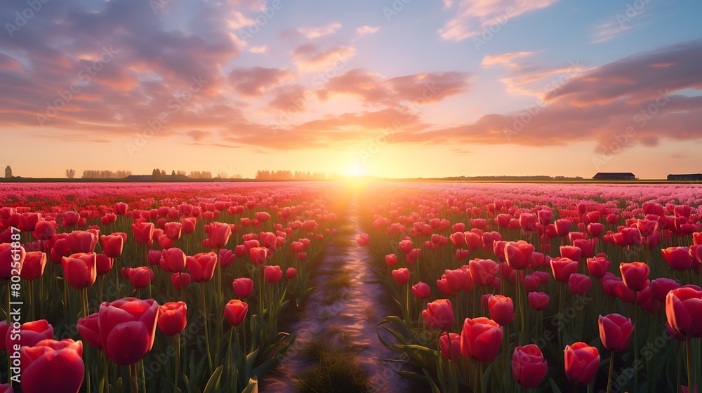Embracing Dawn's Radiance: A Serene Journey Through the Vibrant Tulip Fields of Northern Splendor in the Early Morning Light