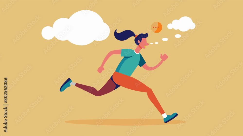 A runner midstride with a thought bubble above their head showing how positive thoughts can push the body to go further..