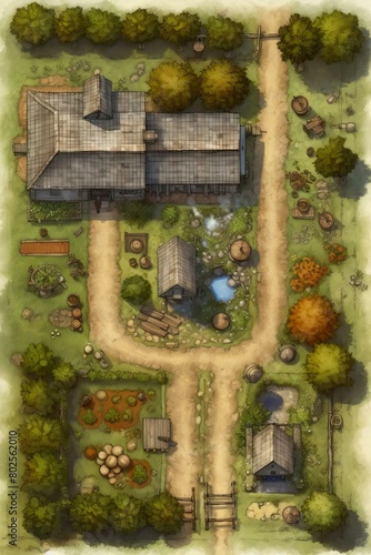 DnD Battlemap Farm with magical orchard and orchardist cultivating plants. © Fox