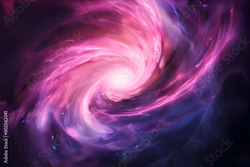 Whimsical neon galaxy of swirling pink and purple hues. Abstract art on black background.