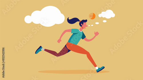 A runner midstride with a thought bubble above their head showing how positive thoughts can push the body to go further..