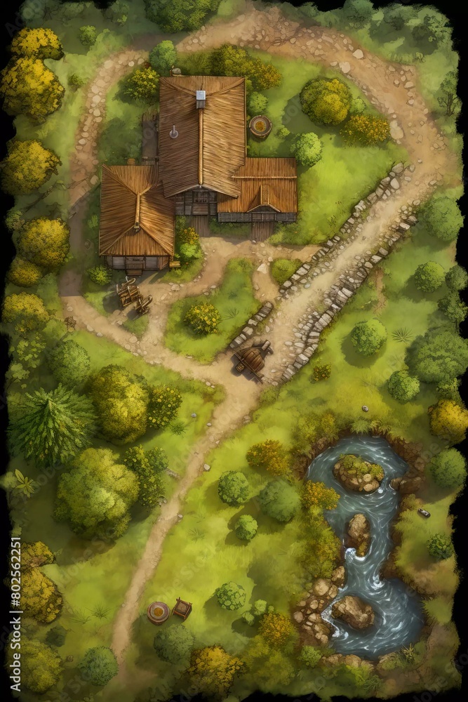 DnD Battlemap Farm of the Feywild Crossing: enchanting rural landscape with mystical aura.