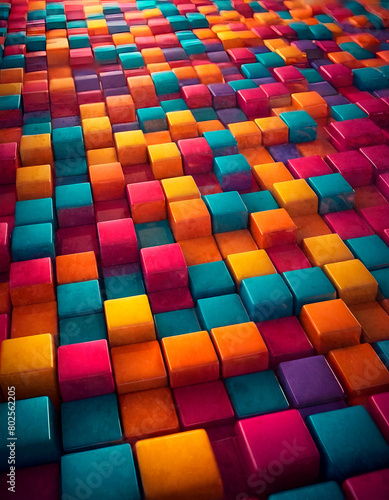 Geometric background with protruding cubes in acid colors such as orange  purple  pink  blue  and magenta red  banner copy space backdrop