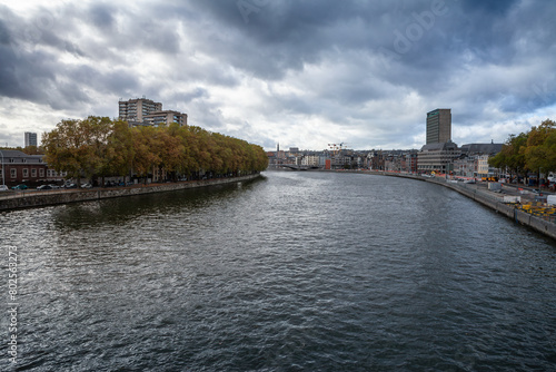 Panorama of the city center of Liege, Belgium, during a cloudy afternoon of autumn, in centre ville, with the meuse river (maas) in front. Liege is one of the biggest cities of Belgium and Wallonia.