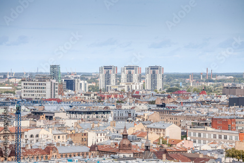 Aerial panorama of the center of riga, residential buildings and the old town of the city in background. Riga is the capital city of Latvia.