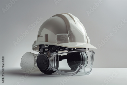 Safety Helmet and Ear Muffs on Wooden Surface