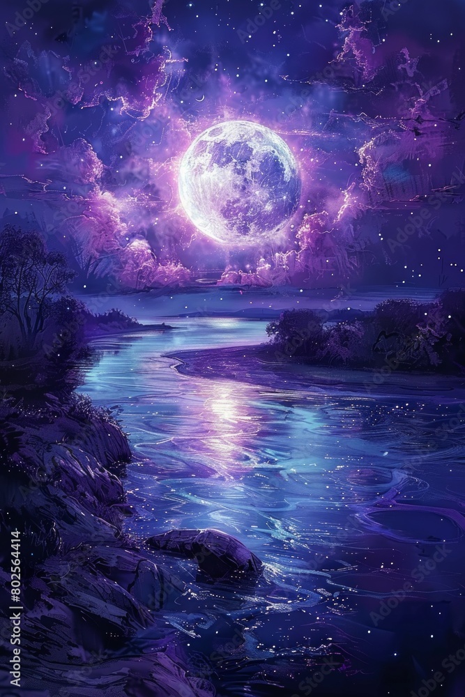 painting featuring a river under a full moon, with mountains in the background.