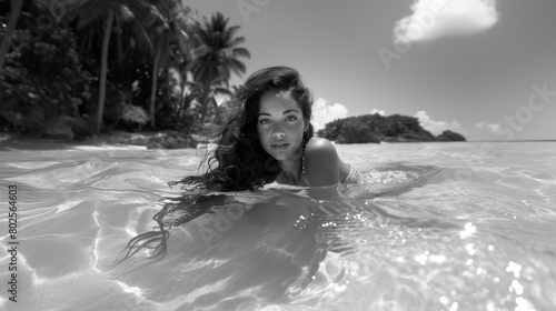 Beautiful Mermaid Lying in Tropical Sea Near Palm Trees in Black and White