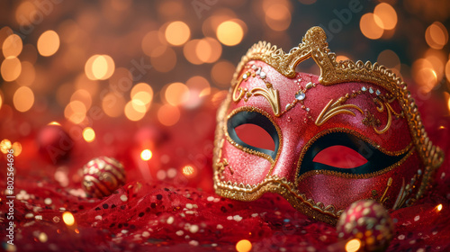 Elegant Venetian Mask on Red Glitter Background with Festive Bokeh Lights