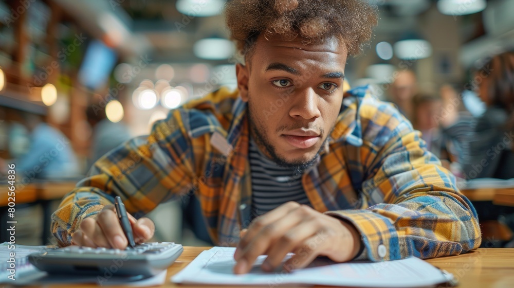 Young Man Focused on Calculations at Busy Cafe Table, Using Calculator Young Man Focused on Calculations at Busy Cafe Table, Using Calculator