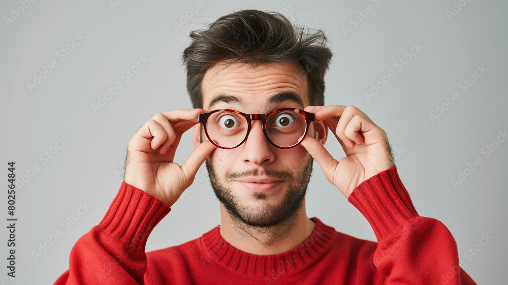 Portrait of a quirky young man adjusting his red glasses, with a playful and curious expression on a neutral background. AI generative. Portrait of a quirky young man adjusting his red glasses, with a playful and curious expression on a neutral background. AI generative.