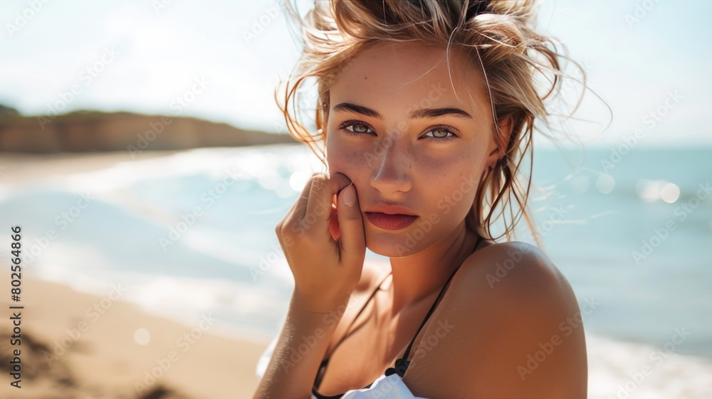 Attractive blonde woman wear black swimsuit and white shirt. Fashion look. Hair up. Tan girl. Woman touch her face. Portrait of woman on the beach Attractive blonde woman wear black swimsuit and white shirt. Fashion look. Hair up. Tan girl. Woman touch her face. Portrait of woman on the beach