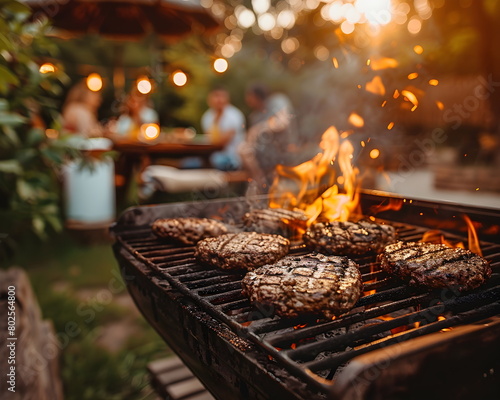 Hamburger auf dem Grill / Holzkohlegrill mit echten Flammen / Garten Party Wallpaper / Grill Saison Poster / Ai-Ki generiert photo