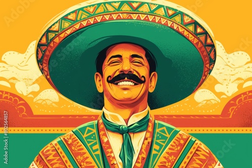 Portrait of mexican man in bright garment and sombrero. Cartoon character for Cinco de Mayo party, fiesta. Independence day, Viva Mexico. Greeting card, banner with latino men in national costume