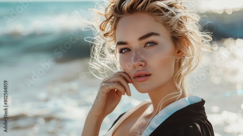 Attractive blonde woman wear black swimsuit and white shirt. Fashion look. Hair up. Tan girl. Woman touch her face. Portrait of woman on the beach photo