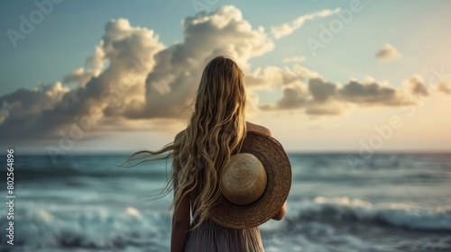 beautiful girl holding a hat in her hands by the sea