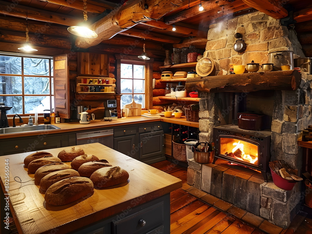 Gemütliche Landhausküche mit frisch gebackenem Brot und Holzofen - Ki-Ai generiert Gemütliche Landhausküche mit frisch gebackenem Brot und Holzofen - Ki-Ai generiert