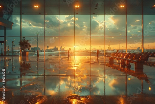 Sunset reflected in terminal windows, capturing the beauty of light and clouds