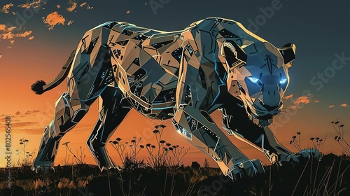Capture a vigilant robotic lioness, poised in the savanna under the twilight, with sparkling digital eyes and sleek metallic fur, ready to pounce