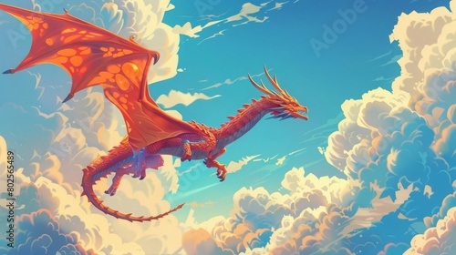 Capture the grandeur of Mythical Aviation Adventures with a wide-angle view Show a majestic dragon soaring through fluffy clouds using vibrant colors and intricate details, blending photorealistic ele