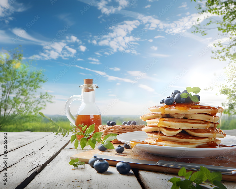 Fototapeta premium Stapel Eierkuchen mit Blaubeeren und Sirup / Pfannkuchen Wallpaper / Frühstück mit Pancakes in der Natur / Ai-Ki generiert