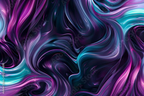 Neon swirls and waves in vibrant shades of purple and teal, creating a mesmerizing pattern. Abstract art on black background.
