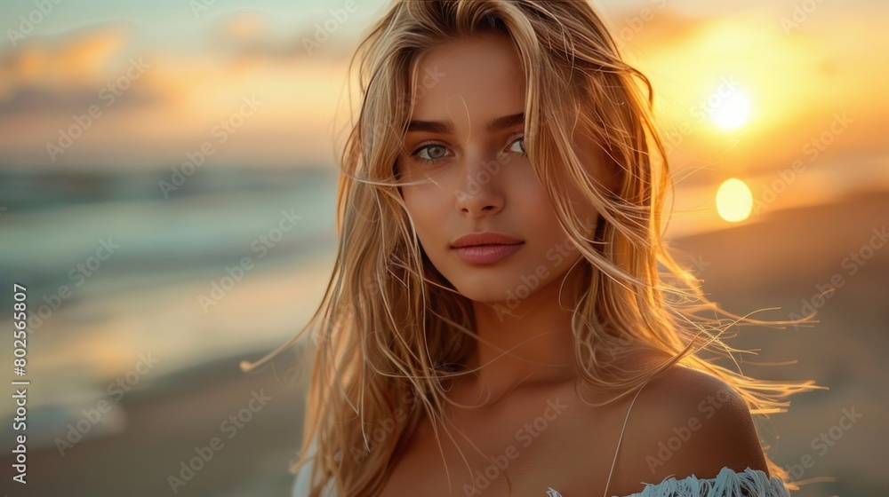 Elegant young blonde posing on beach