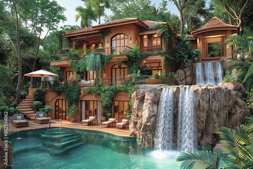 Vertical Oasis: Cascading Waterfalls Among Lush Gardens in Multi-Level Architecture © Michael