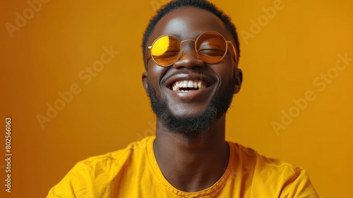 Portrait of Joyful African American Man Wearing Yellow T-Shirt and Sunglasses Against Orange Background