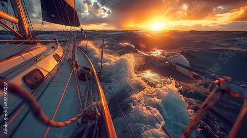 Sunset view from the deck of a sailing yacht in a rough sea.