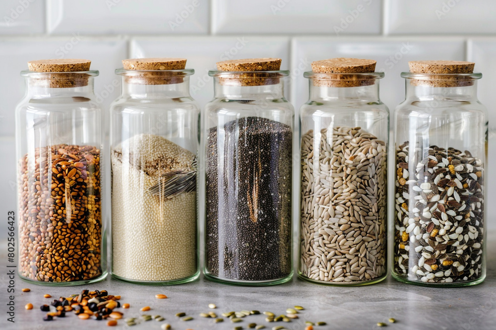 A set of transparent glass jars filled with different types of seeds.