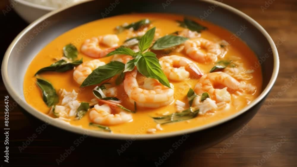 A bowl of shrimp and rice soup with green herbs A bowl of shrimp and rice soup with green herbs