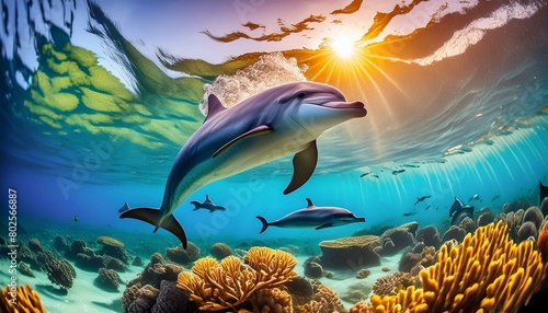 Dolphin, sea, beautiful sea, swimming dolphin, ocean, Generative AI