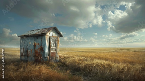 ancient outhouse stands stoically in a sea of tall grass, a relic of bygone days filled with hidden stories and rustic charm.