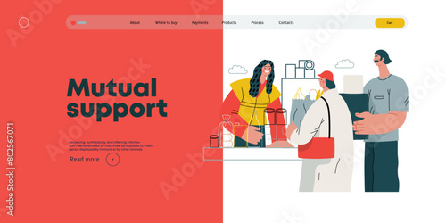 Mutual Support: Bringing groceries to food bank -modern flat vector concept illustration of people donating food to food pantry A metaphor of voluntary, collaborative exchanges of resource, services