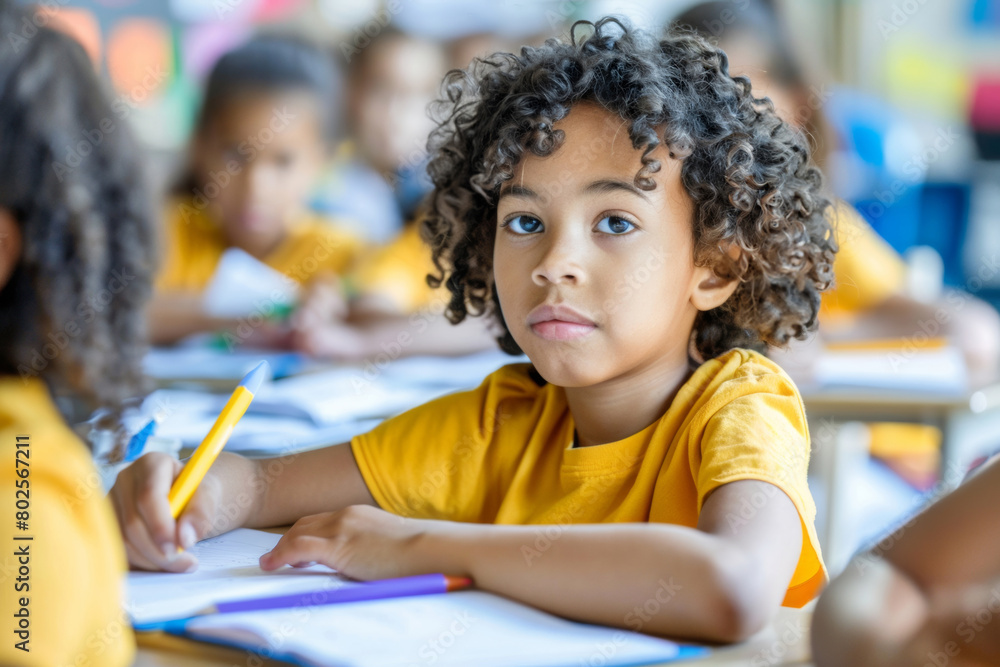 Boy, portrait and writing in classroom with book for education, learning or knowledge at kindergarten or school. Young child or kid with notebook for childhood development, activity or class lesson Boy, portrait and writing in classroom with book for education, learning or knowledge at kindergarten or school. Young child or kid with notebook for childhood development, activity or class lesson